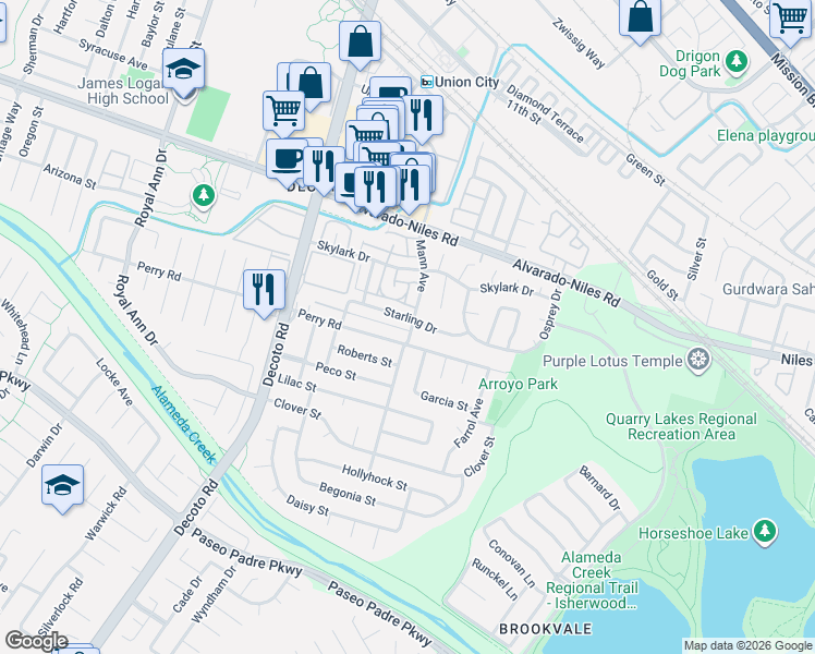 map of restaurants, bars, coffee shops, grocery stores, and more near 35000 Perry Road in Union City