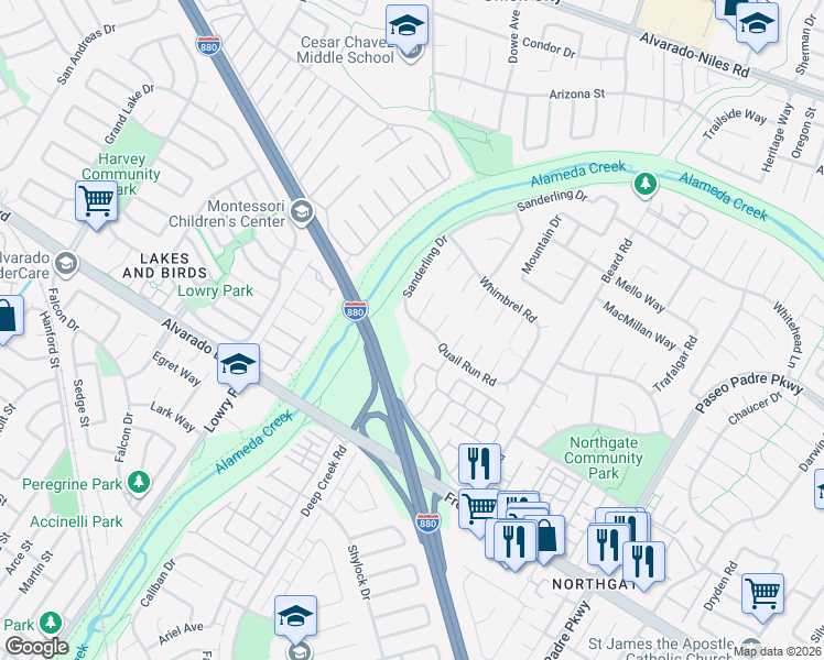 map of restaurants, bars, coffee shops, grocery stores, and more near 33555 Quail Run Road in Fremont