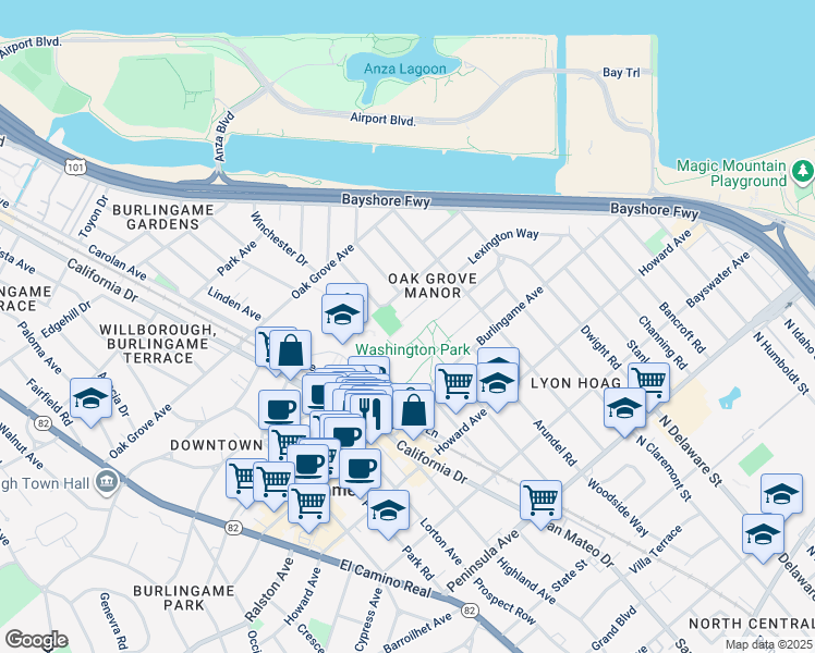 map of restaurants, bars, coffee shops, grocery stores, and more near 743 Lexington Way in Burlingame