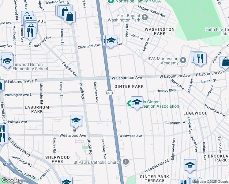 map of restaurants, bars, coffee shops, grocery stores, and more near 3607 Chamberlayne Avenue in Richmond