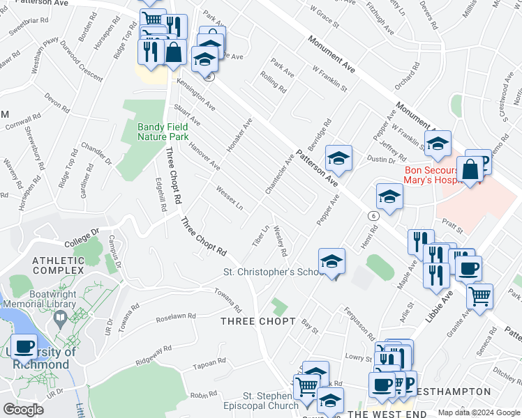 map of restaurants, bars, coffee shops, grocery stores, and more near 511 Chantecler Avenue in Richmond