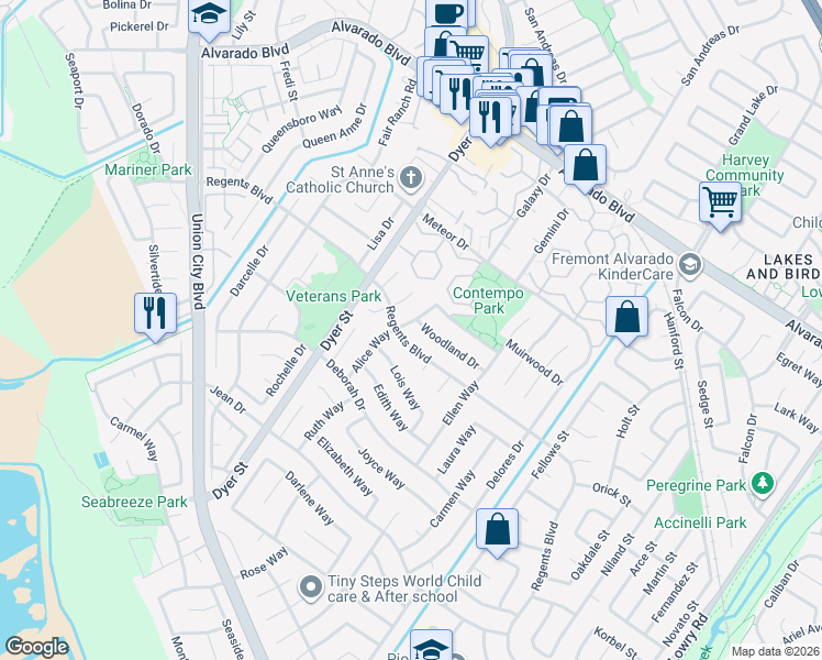 map of restaurants, bars, coffee shops, grocery stores, and more near 4452 Alice Way in Union City