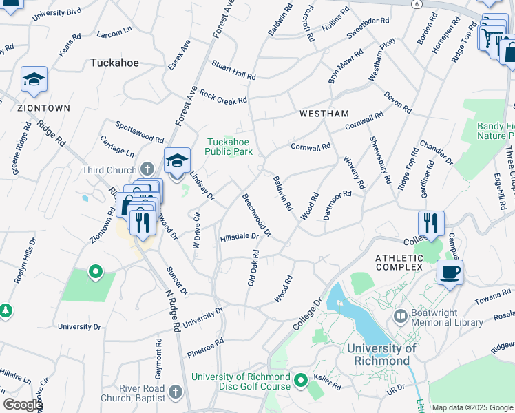 map of restaurants, bars, coffee shops, grocery stores, and more near 406 Beechwood Drive in Richmond