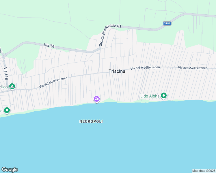 map of restaurants, bars, coffee shops, grocery stores, and more near 35 Via 109 in Triscina