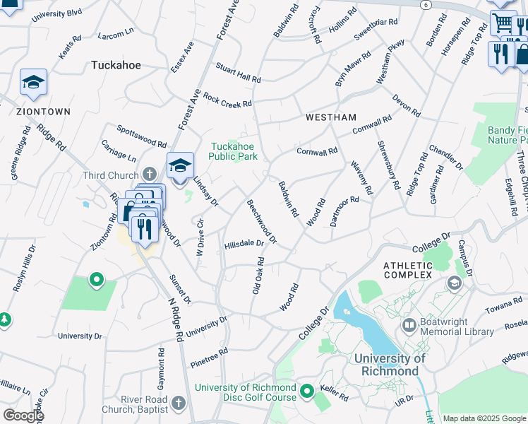 map of restaurants, bars, coffee shops, grocery stores, and more near 406 Beechwood Drive in Richmond