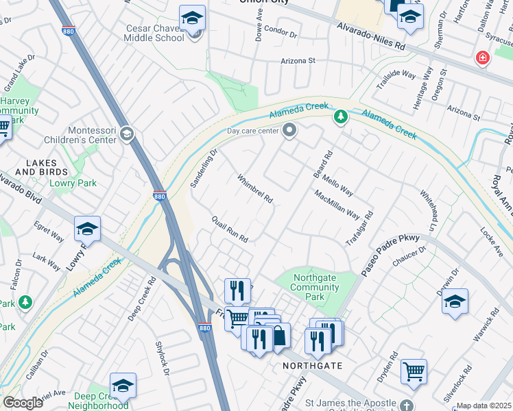 map of restaurants, bars, coffee shops, grocery stores, and more near 3355 Winter Wren Place in Fremont
