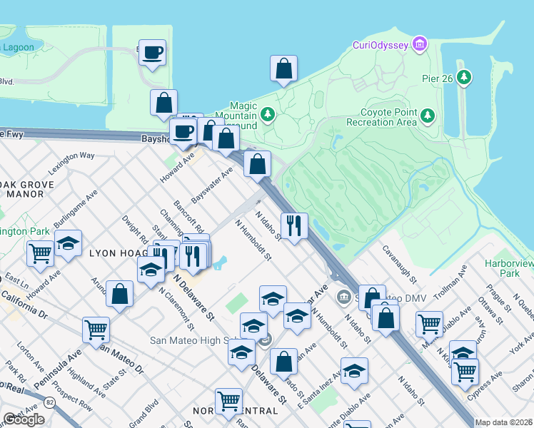 map of restaurants, bars, coffee shops, grocery stores, and more near 840 North Idaho Street in San Mateo