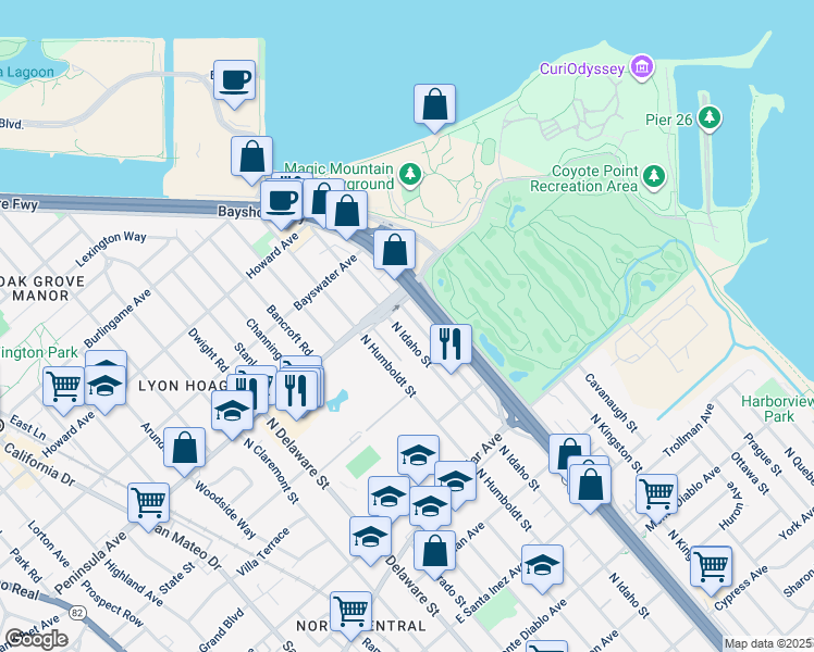 map of restaurants, bars, coffee shops, grocery stores, and more near 840 North Idaho Street in San Mateo