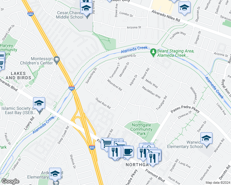 map of restaurants, bars, coffee shops, grocery stores, and more near 3355 Winter Wren Place in Fremont