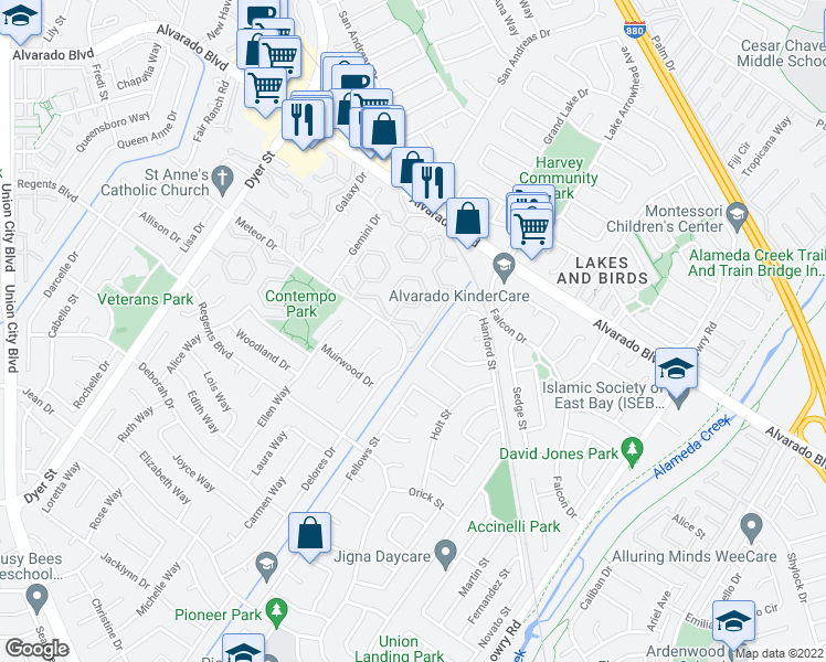 map of restaurants, bars, coffee shops, grocery stores, and more near 32646 Endeavour Way in Union City