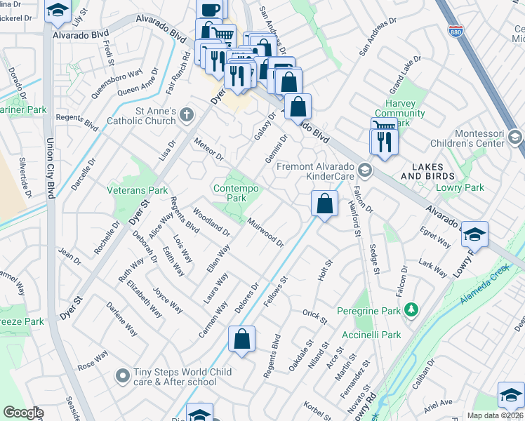 map of restaurants, bars, coffee shops, grocery stores, and more near 4318 Ellen Way in Union City