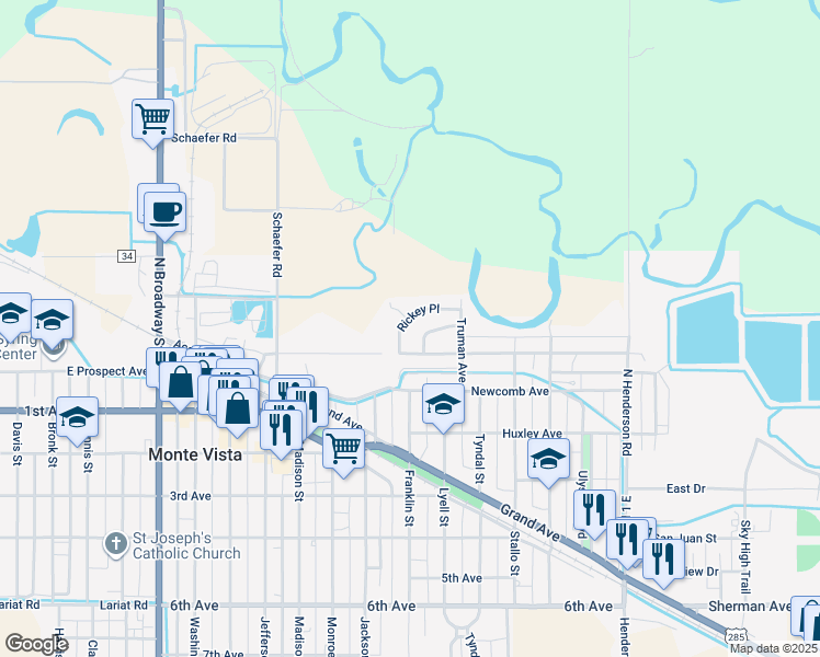 map of restaurants, bars, coffee shops, grocery stores, and more near 10 Rickey Pl in Monte Vista