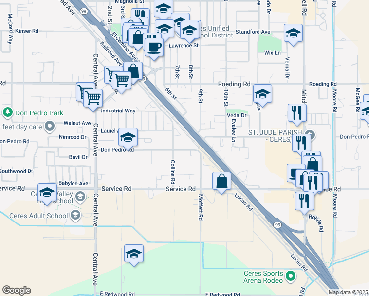 map of restaurants, bars, coffee shops, grocery stores, and more near 2520 Don Pedro Road in Ceres