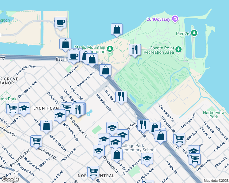 map of restaurants, bars, coffee shops, grocery stores, and more near 814 North Idaho Street in San Mateo