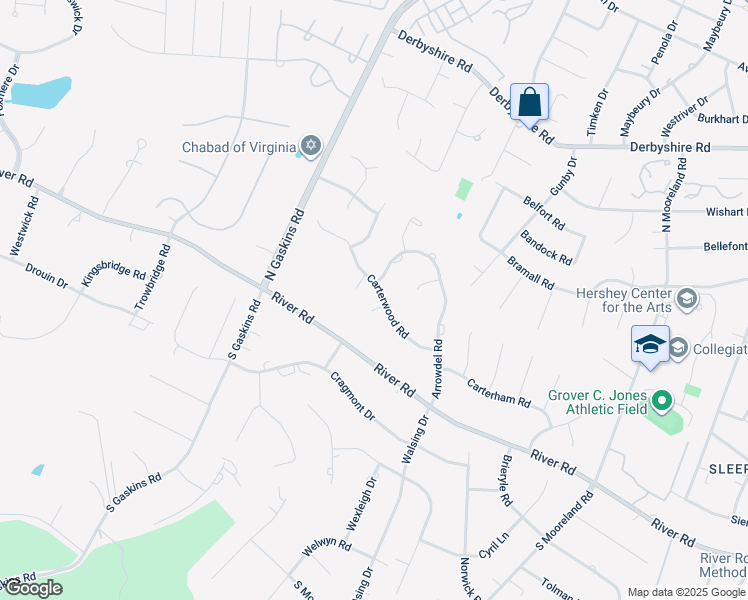 map of restaurants, bars, coffee shops, grocery stores, and more near 9517 Carterwood Road in Richmond