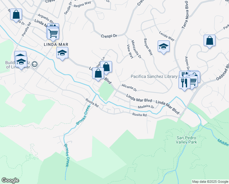 map of restaurants, bars, coffee shops, grocery stores, and more near 1304 Alicante Drive in Pacifica