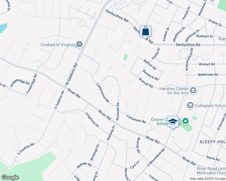 map of restaurants, bars, coffee shops, grocery stores, and more near 205 Arrowview Court in Henrico