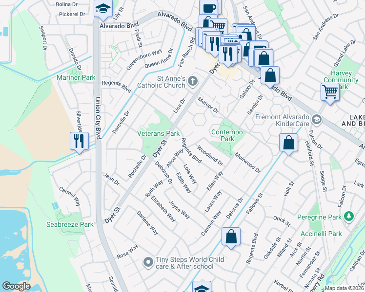 map of restaurants, bars, coffee shops, grocery stores, and more near 4501 Alice Way in Union City