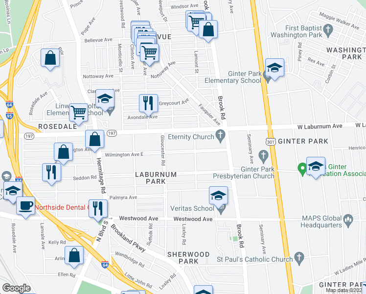 map of restaurants, bars, coffee shops, grocery stores, and more near 1404 Wilmington Avenue in Richmond