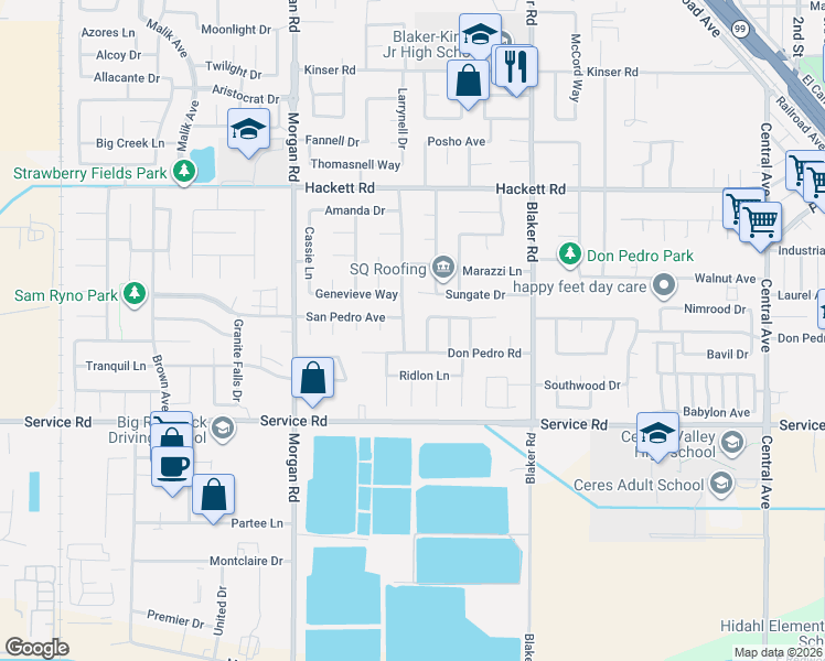map of restaurants, bars, coffee shops, grocery stores, and more near 3821 Red Haven Lane in Ceres