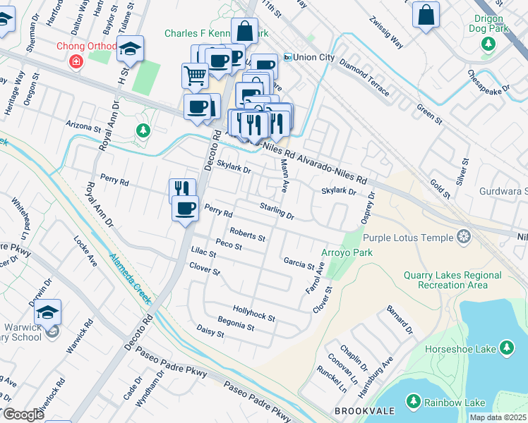 map of restaurants, bars, coffee shops, grocery stores, and more near 34961 Perry Road in Union City