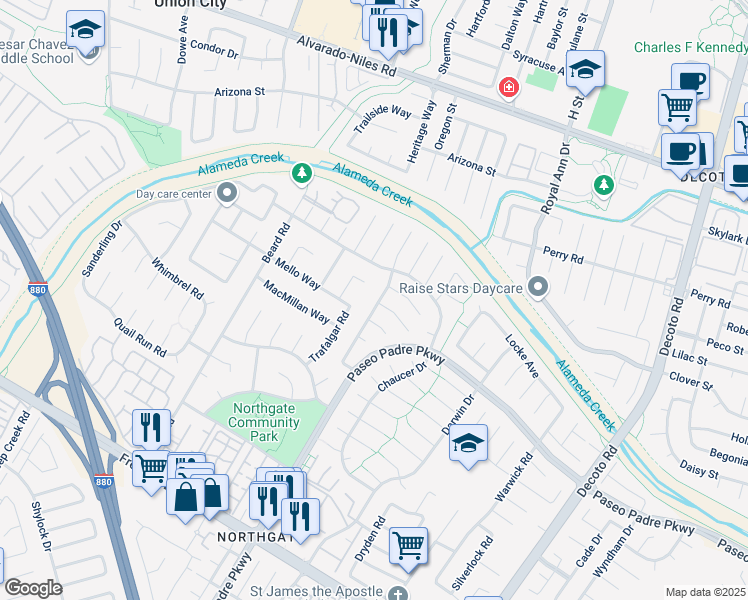 map of restaurants, bars, coffee shops, grocery stores, and more near 34128 Langhorn Court in Fremont