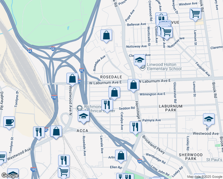 map of restaurants, bars, coffee shops, grocery stores, and more near 1736 Wilmington Avenue in Richmond