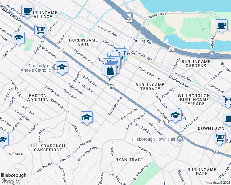 map of restaurants, bars, coffee shops, grocery stores, and more near 1117 Balboa Avenue in Burlingame