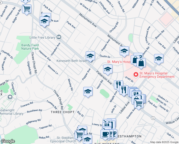 map of restaurants, bars, coffee shops, grocery stores, and more near 829 Pepper Avenue in Richmond