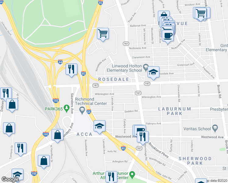 map of restaurants, bars, coffee shops, grocery stores, and more near 1736 Wilmington Avenue in Richmond