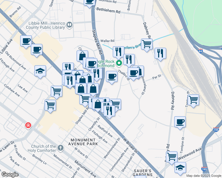 map of restaurants, bars, coffee shops, grocery stores, and more near 2015 Staples Mill Road in Richmond