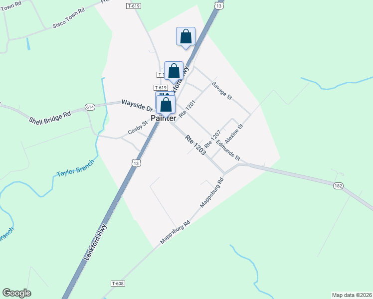 map of restaurants, bars, coffee shops, grocery stores, and more near 17228-17286 Route 1203 in Painter