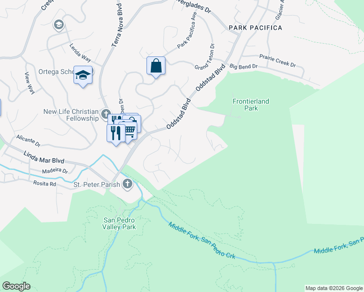 map of restaurants, bars, coffee shops, grocery stores, and more near 20 Barton Place in Pacifica