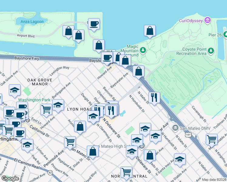 map of restaurants, bars, coffee shops, grocery stores, and more near 9 Bayswater Avenue in Burlingame