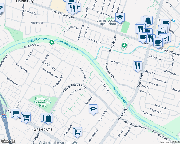 map of restaurants, bars, coffee shops, grocery stores, and more near 34260 Sterne Court in Fremont