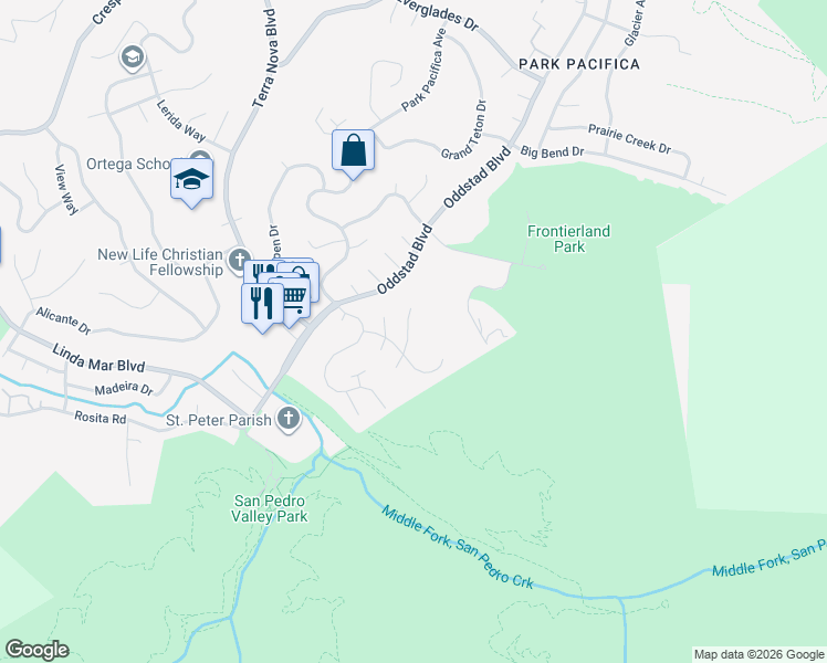 map of restaurants, bars, coffee shops, grocery stores, and more near 20 Barton Place in Pacifica