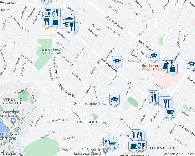 map of restaurants, bars, coffee shops, grocery stores, and more near 6405 Stuart Avenue in Richmond