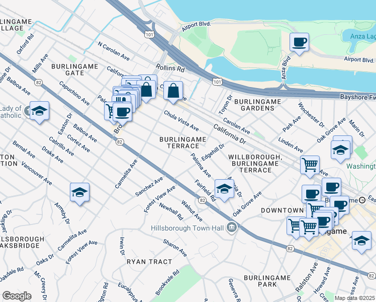 map of restaurants, bars, coffee shops, grocery stores, and more near 943 Laguna Avenue in Burlingame