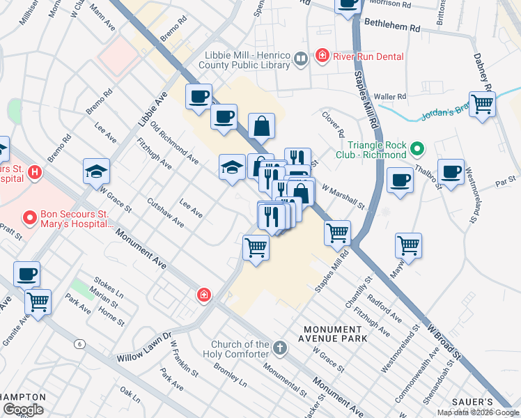 map of restaurants, bars, coffee shops, grocery stores, and more near 5206 Markel Road in Richmond