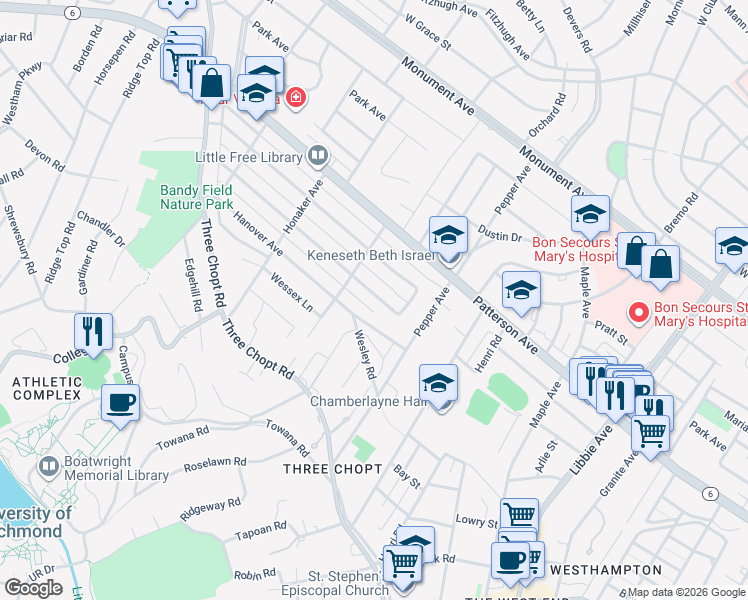 map of restaurants, bars, coffee shops, grocery stores, and more near 6408 Stuart Avenue in Richmond