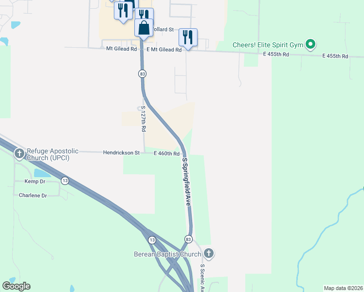 map of restaurants, bars, coffee shops, grocery stores, and more near 3260 South Springfield Avenue in Bolivar