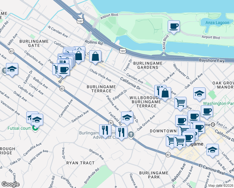 map of restaurants, bars, coffee shops, grocery stores, and more near 1224 Edgehill Drive in Burlingame