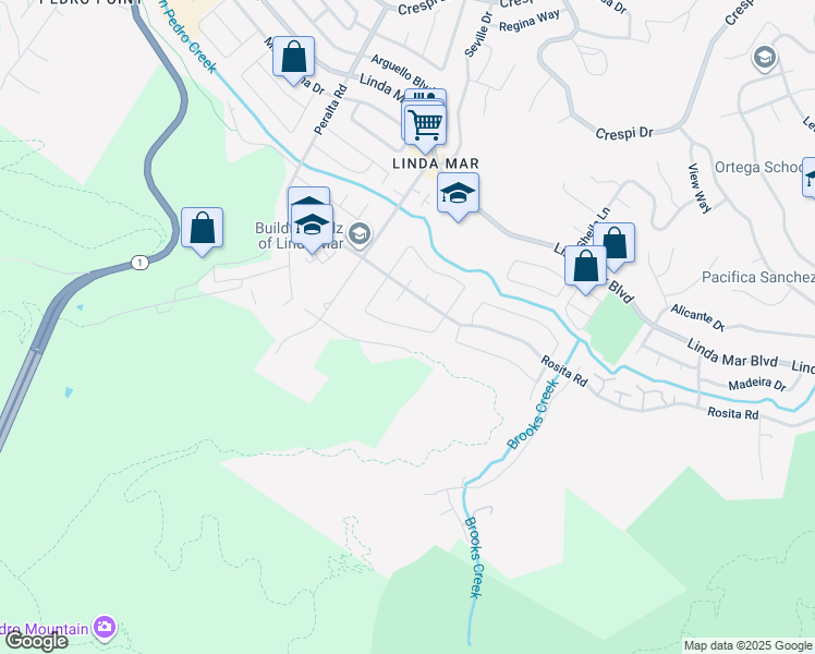 map of restaurants, bars, coffee shops, grocery stores, and more near 1043 Monte Verde Drive in Pacifica
