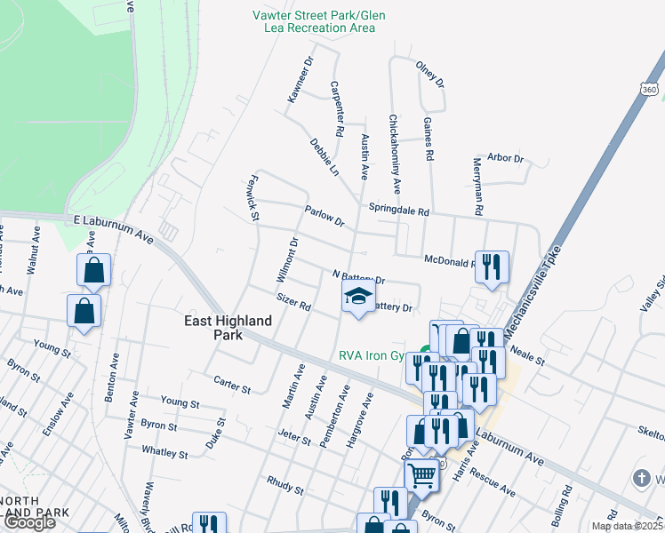 map of restaurants, bars, coffee shops, grocery stores, and more near 1712 North Battery Drive in Richmond