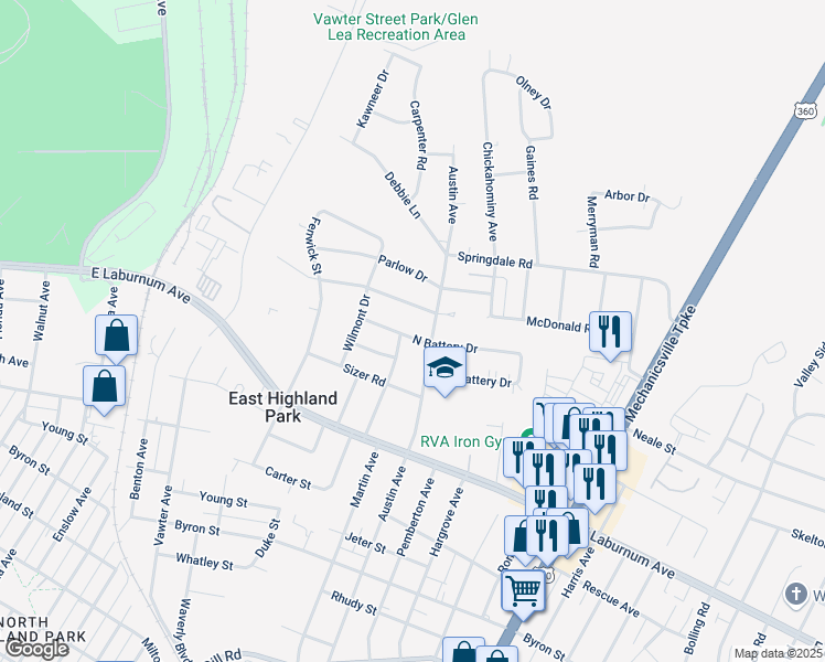 map of restaurants, bars, coffee shops, grocery stores, and more near 1712 North Battery Drive in Richmond