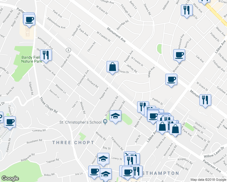 map of restaurants, bars, coffee shops, grocery stores, and more near 6207 Patterson Avenue in Richmond