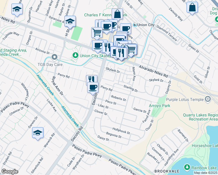 map of restaurants, bars, coffee shops, grocery stores, and more near 34816 Perry Road in Union City