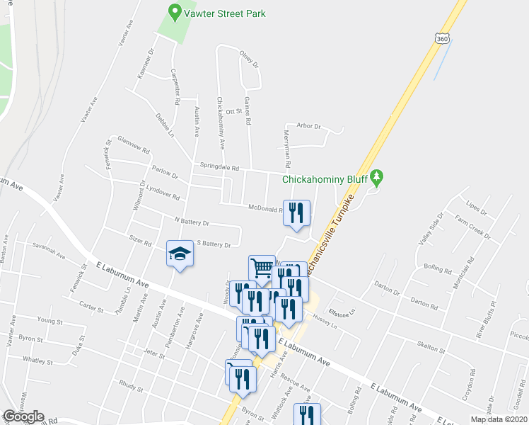 map of restaurants, bars, coffee shops, grocery stores, and more near 2100 McDonald Road in Richmond