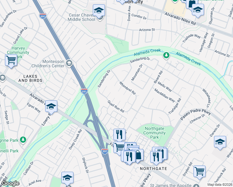 map of restaurants, bars, coffee shops, grocery stores, and more near 3340 Tree Swallow Place in Fremont