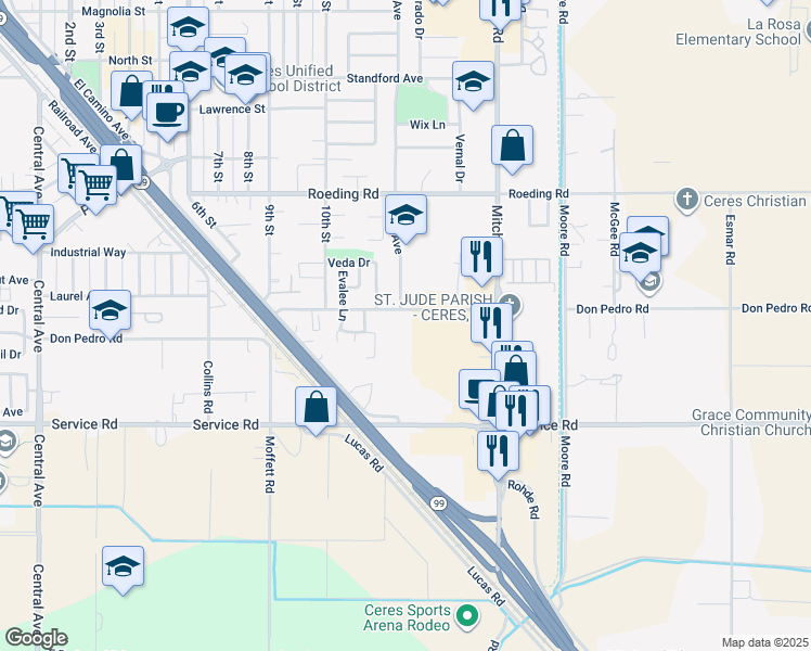 map of restaurants, bars, coffee shops, grocery stores, and more near 2813 Don Pedro Road in Ceres